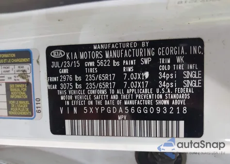 2016 Kia Sorento 3.3L Lx z USA, uszkodzony, nr VIN 5XYPGDA56GG093218